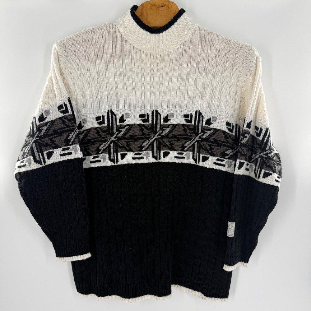 Southpole Vintage Mock Neck Sweater XL Black White Grey Nordic Geometric Knit